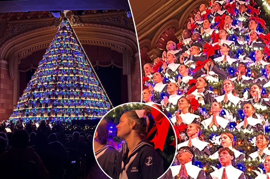 Michigan high school choir performs holiday concert from 67-foot-tall Christmas tree structure